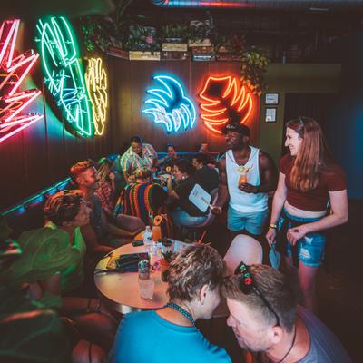 Interior, cheerful guests in the seating area