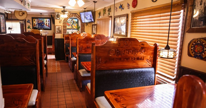 Interior, seating booths lined up