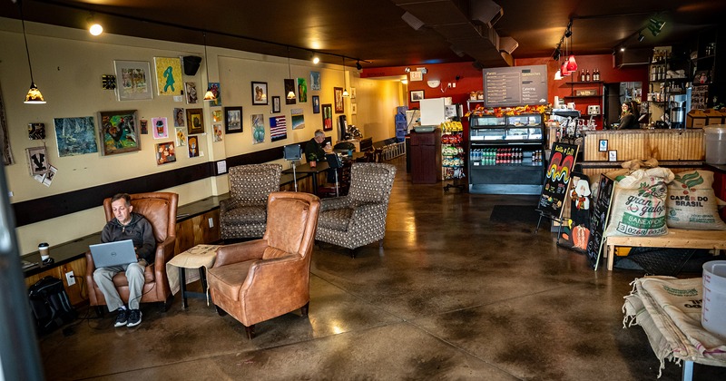 Interior, lounge seating area, order counter