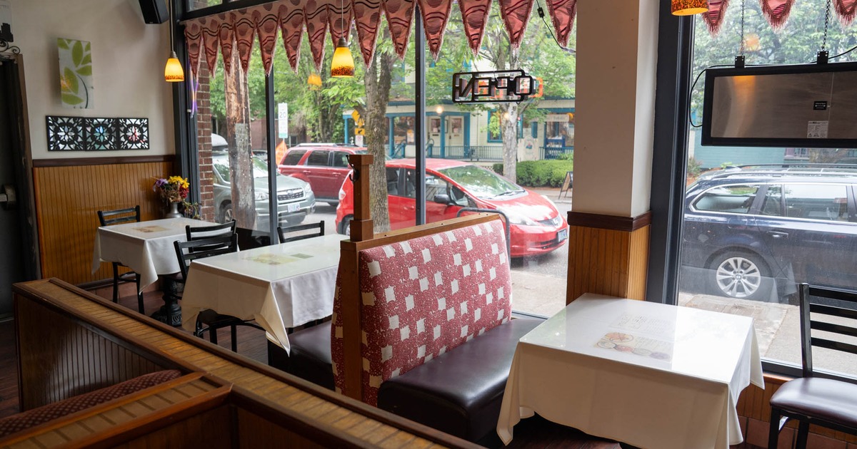 Interior, tables ready for guests