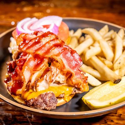 Mountain man burger with side fries.