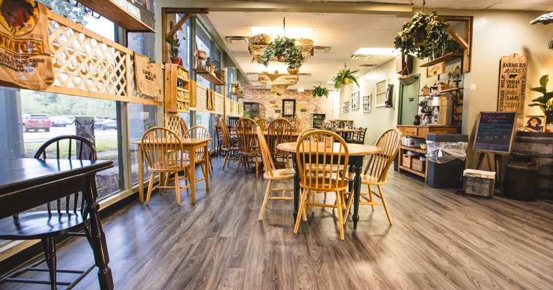 Interior, seating area with tables and chairs