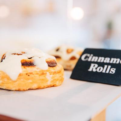 Cinnamon rolls on display.