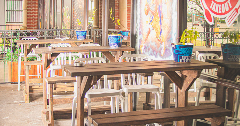 Exterior, sitting and smoking area