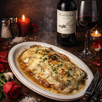 Chicken Sorrentino served with red wine on a candlelit table beside a fresh rose and garlic cloves.