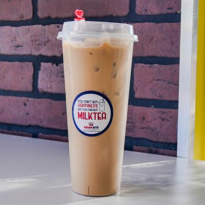 Milk tea served on ice in a plastic cup.