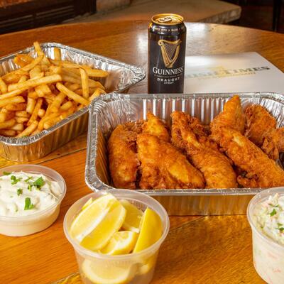 Fried chicken, fires, dips and a guiness.