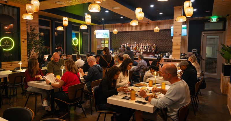 Interior, dining area with chandeliers