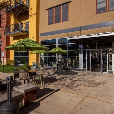 The patio in front of the entrance outside.