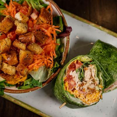 Spinach Chicken Salad Wrap and House Salad.