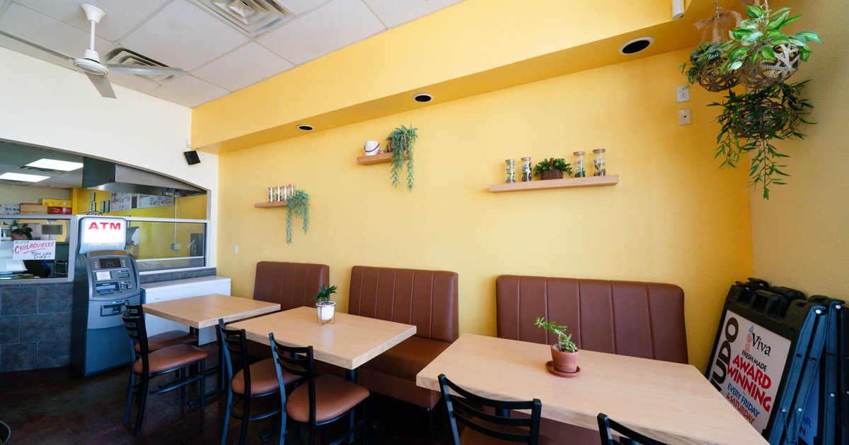 Interior, banquette seating, tables and chairs