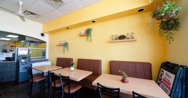 Interior, banquette seating, tables and chairs