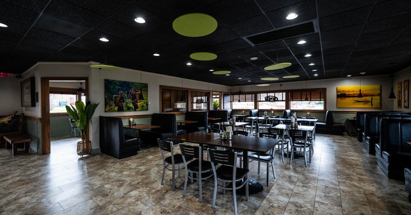 Interior, tables, chairs and seating booths