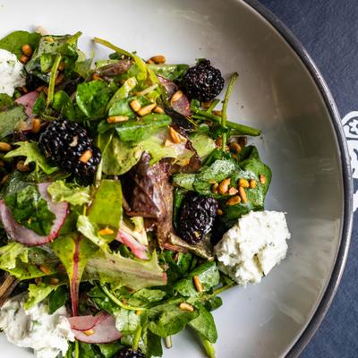 A fresh salad with mixed greens, blackberries, radish slices, nuts, and dollops of white cheese.