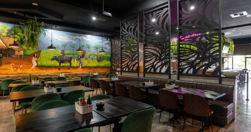 Interior, dining area with tables, chairs and long bench