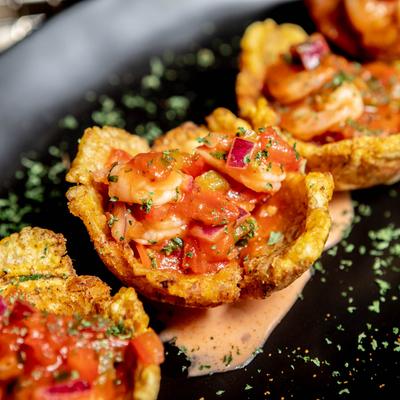 Shrimp ceviche in plantain cups.