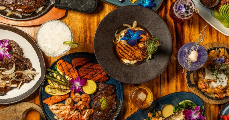 Various served dishes, top view