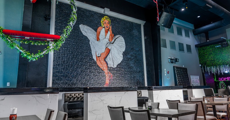 Interior seating area, large portrait of Marilyn Monroe on the wall