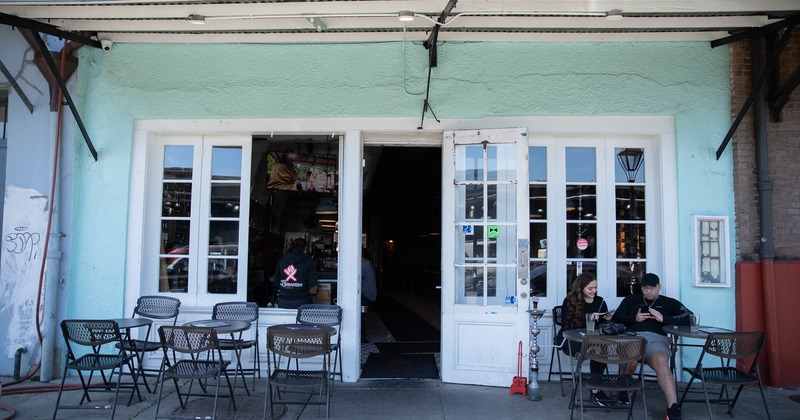 Exterior, entrance, terrace with table and chairs