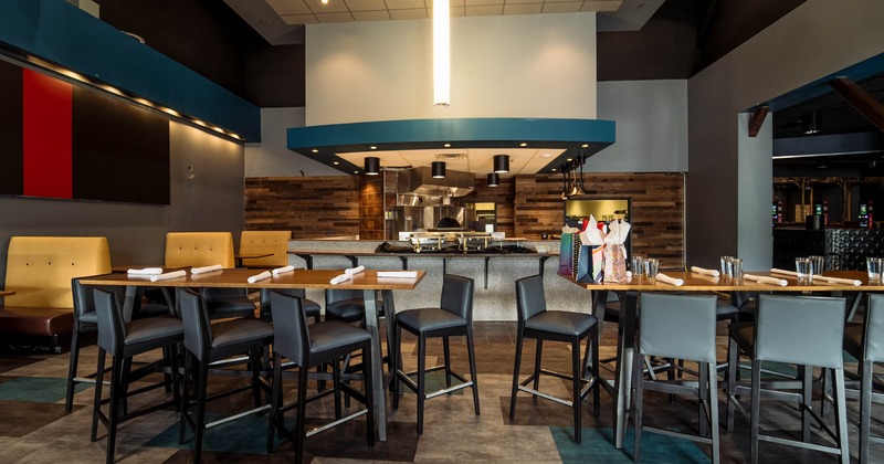 Interior, seating area, bar area in the back