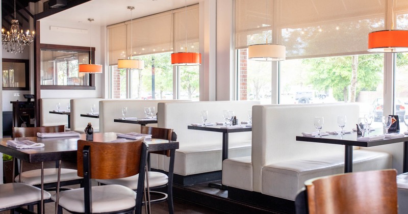 Interior, restaurant booths by the window side