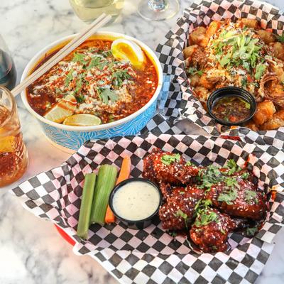 Group shot of food and drinks, overhead view.