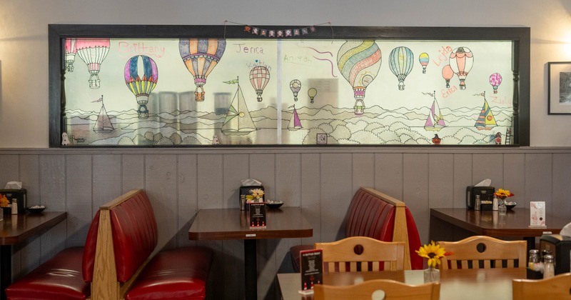 Seating space with red booths