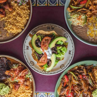 Assorted food plates, top view.