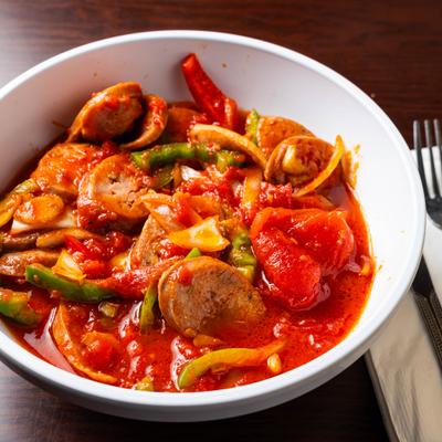 Italian Sausage and Peppers served in tomato sauce.