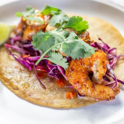 Grilled shrimp taco with purple cabbage and cilantro.