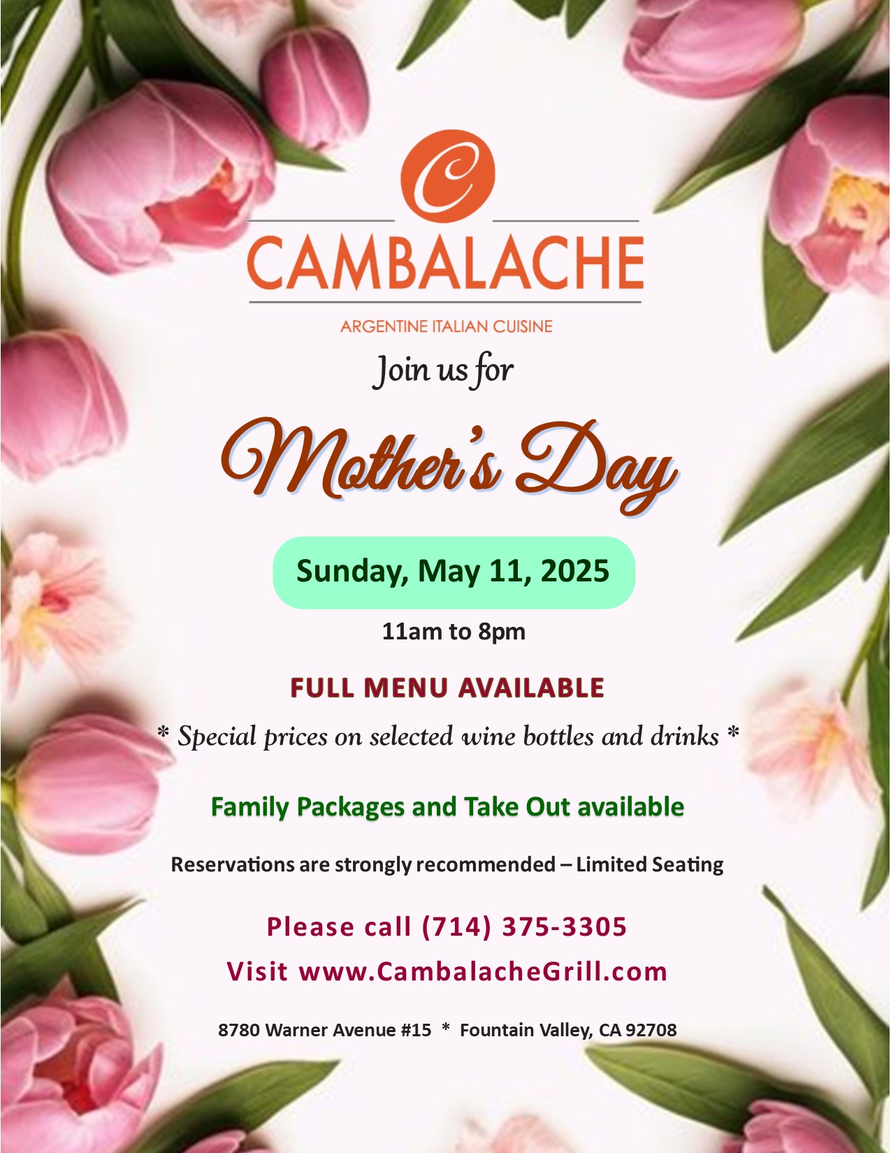 Mother's Day flyer offering regular menu 11am to 8pm.
