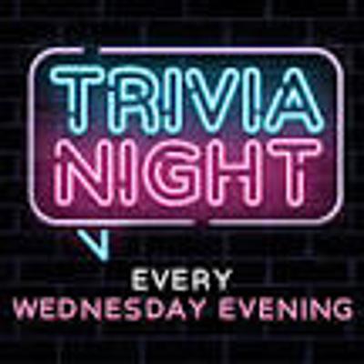 Blue and pink neon sign reading Trivia Night, featuring Every Wednesday Evening text.
