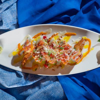 Panko coconut shrimp rolls, top view.