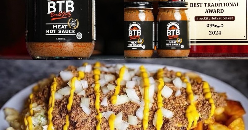 Jars of BTB Meat Hot Sauce displayed with a Best Traditional Award plaque, and loaded fries
