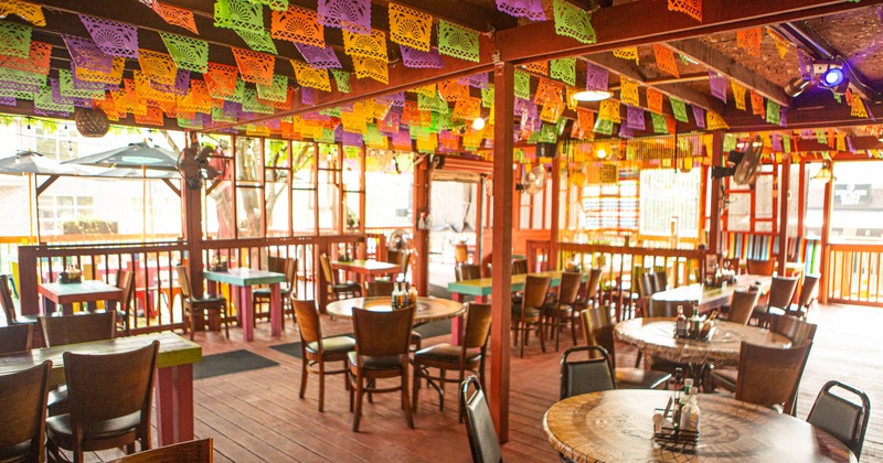 Dining area with ceiling decorations