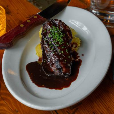 Flat iron steak, with black garlic aioli and potatoes.