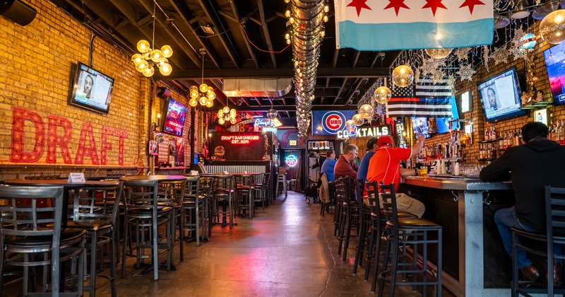Interior, bar, tables, chairs, wide view
