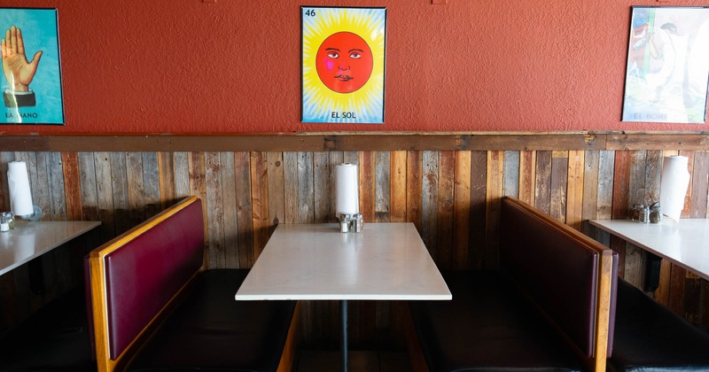 Interior, restaurant booths near wall