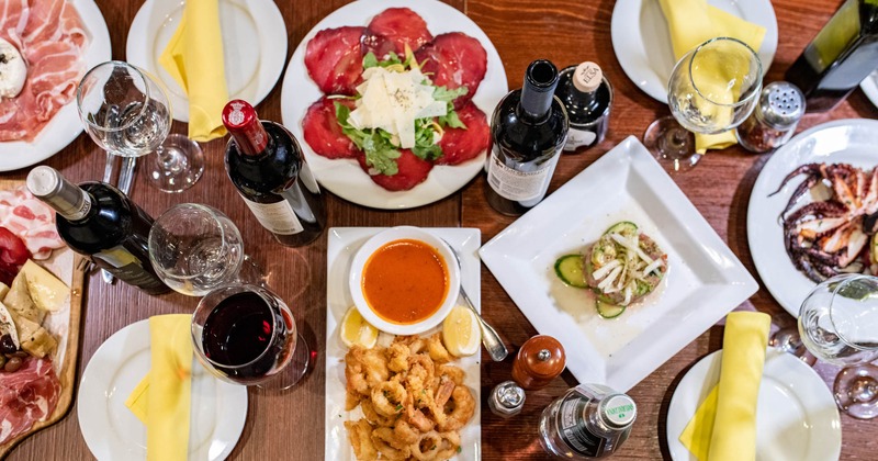 Different types of dishes and drinks, top view