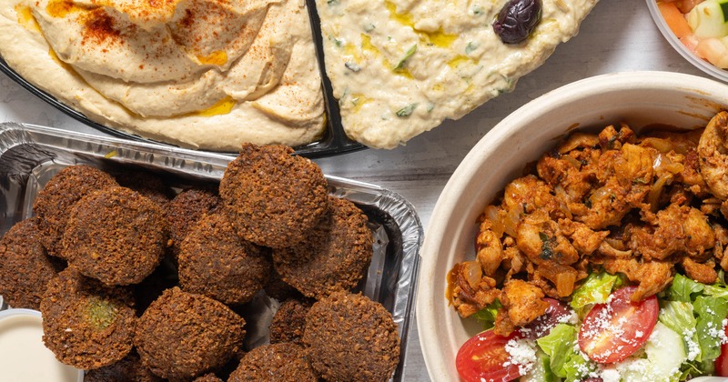 Falafel, hummus, baba ghanoush, shawarma bowl