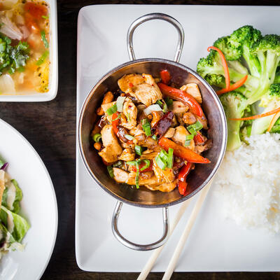 Chicken and vegetables dish, top view