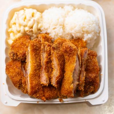Chicken Katsu, with rice and macaroni salad.