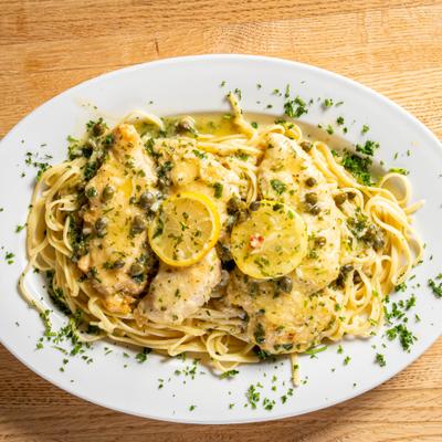 Chicken Piccata, overhead view.