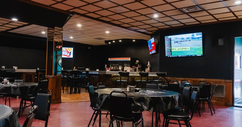 Interior, dining area with a rounded tables