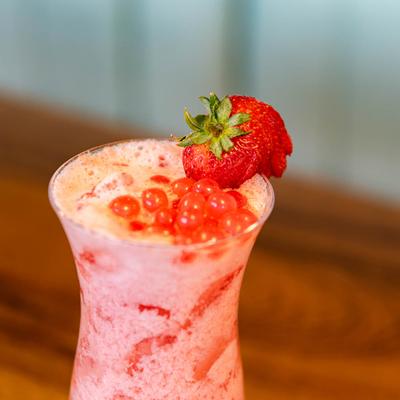 Strawberry bubble tea, closeup.