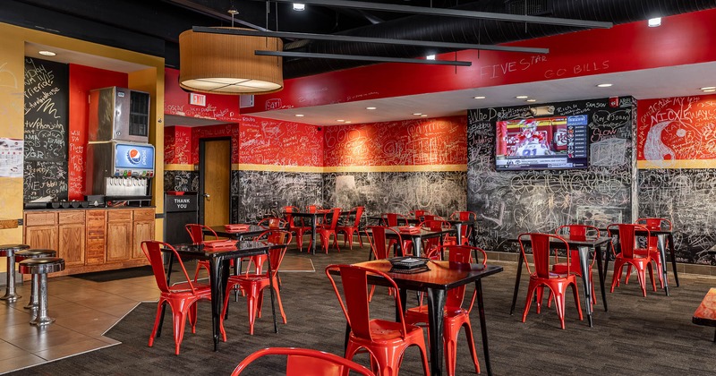 Interior, seating space, big Tv on the wall