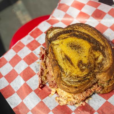 Reuben on marbled rye, top view.