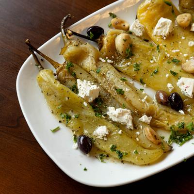 Roasted Hot Peppers, with olive oil, garlic, feta, and olives.