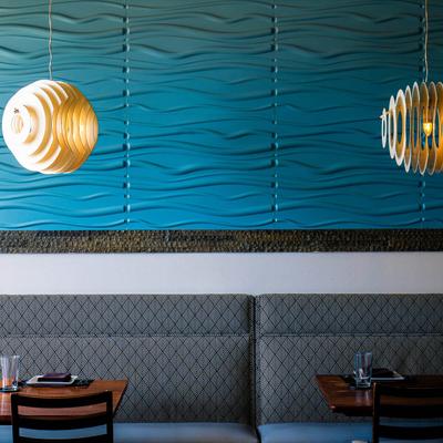 The restaurant's interior, seating.