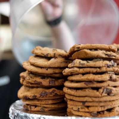 Stacked chocolate chip cookies.